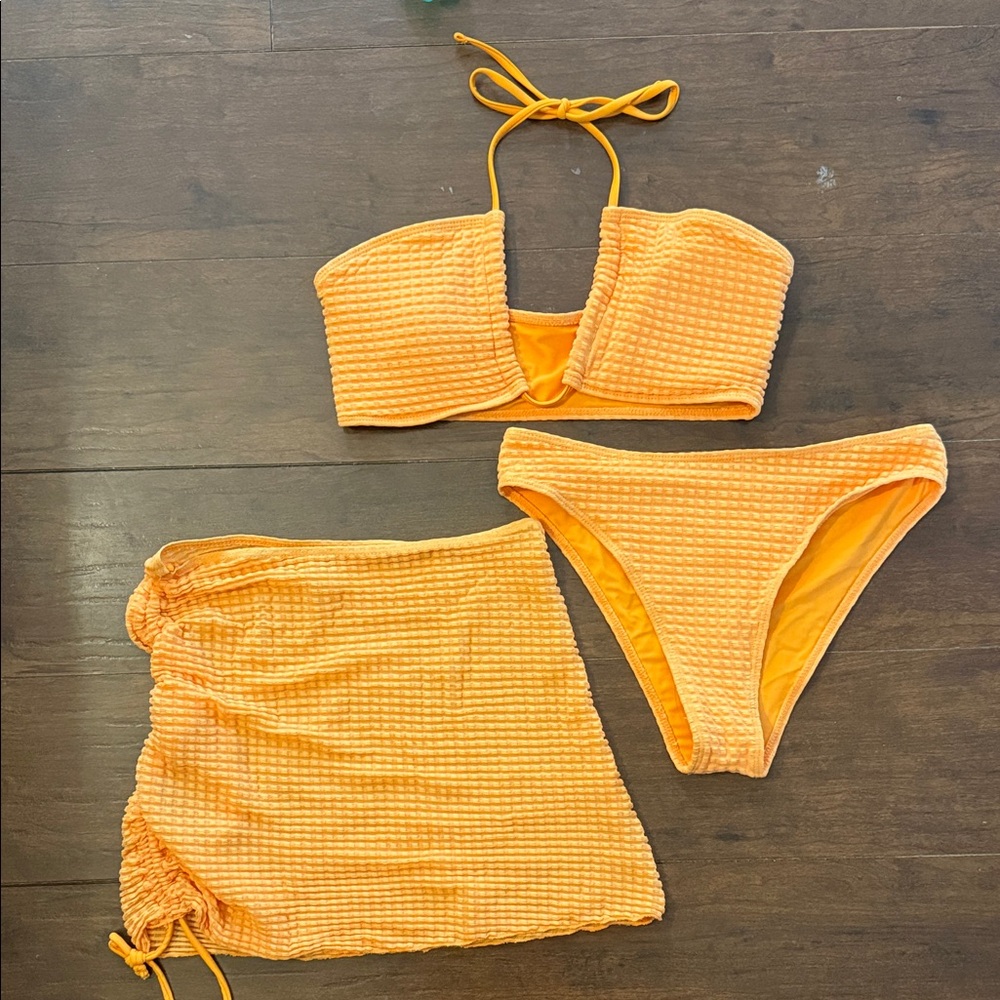Women’s Orange Waffle Bikini Set with Skirt